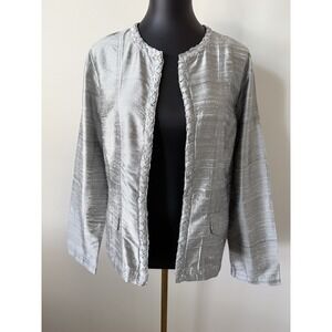 Chico's Women's 2 (L/12) Silk Braided Style Trim Open Front Jacket Silver/Gray